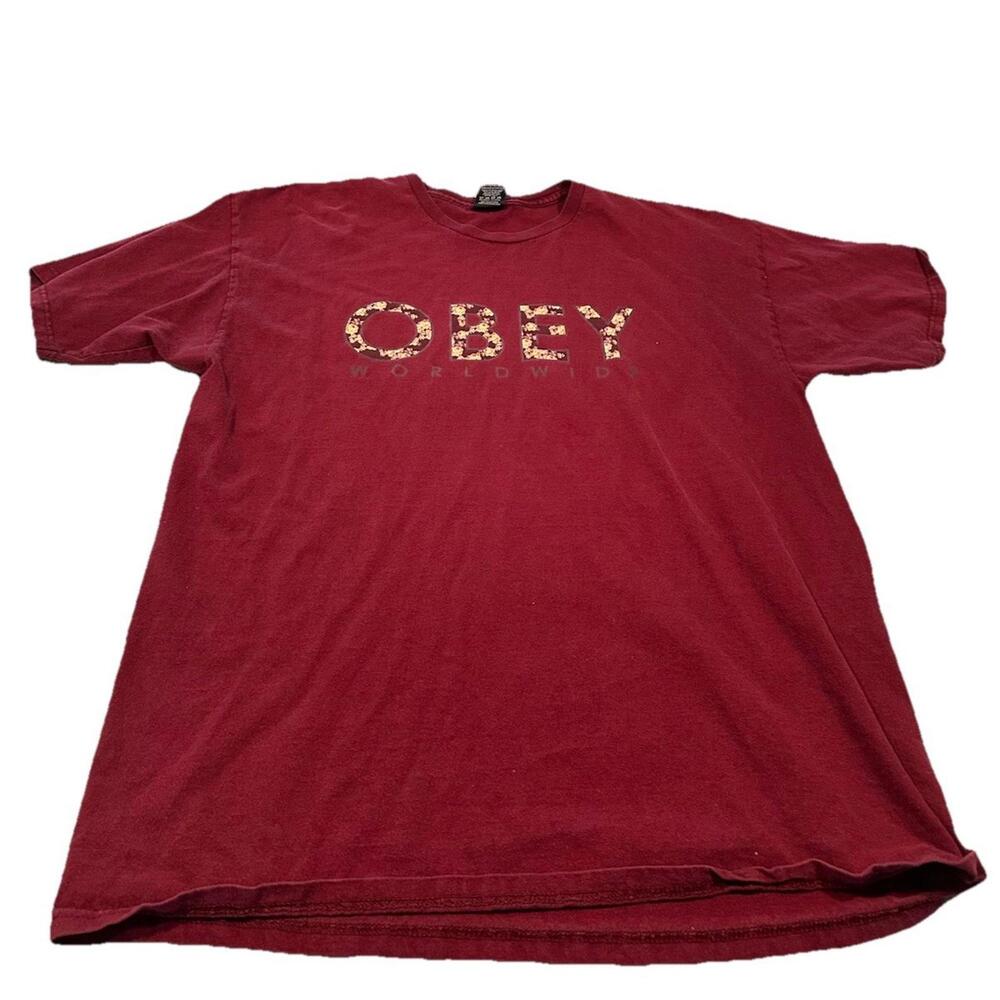 OBEY Men’s XL Maroon Logo T-shirt Short Sleeve Floral Design